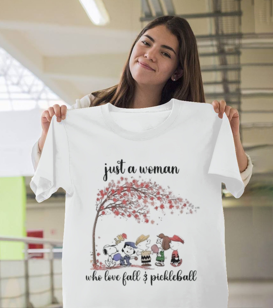 Just A Woman Who Loves Fall And Pickleball Snoopy Peanuts Charlie Brown Woodstock Linus Peppermint Patty T-Shirt