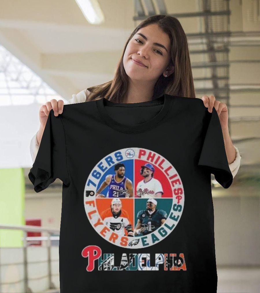 76ers Phillies Flyers Eagles Philadelphia Team Signatures T-Shirt