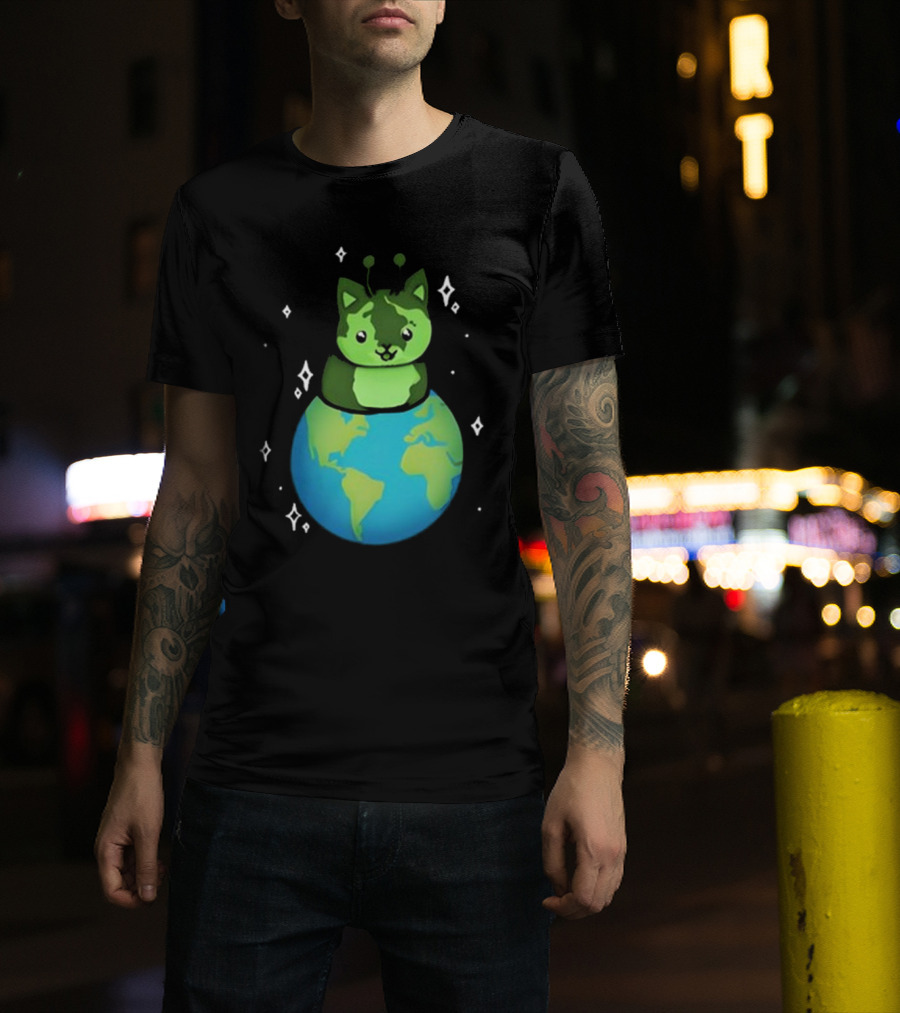 Cult Of Biscuit Alien Biscuit Cat Globe Stars T-Shirt