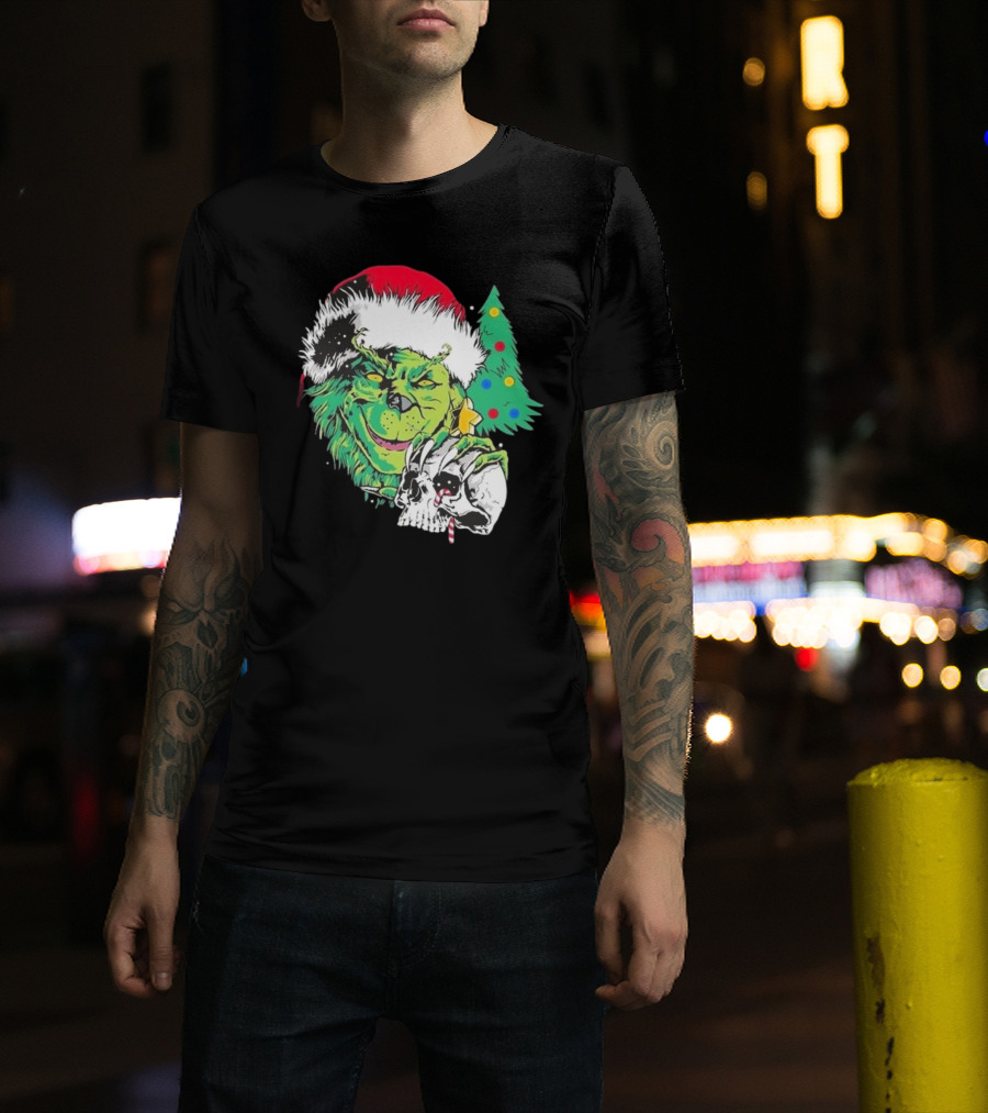 Grinch Santa Hat Skull Christmas Tree Scene T-Shirt