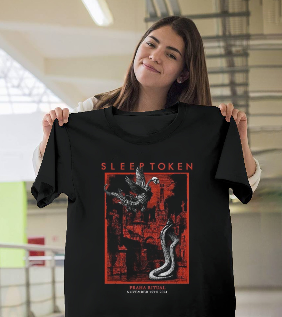 Sleep Token Praha Ritual November 15th 2024 Concert Art with Gothic Cityscape and Skeletal Creatures T-Shirt