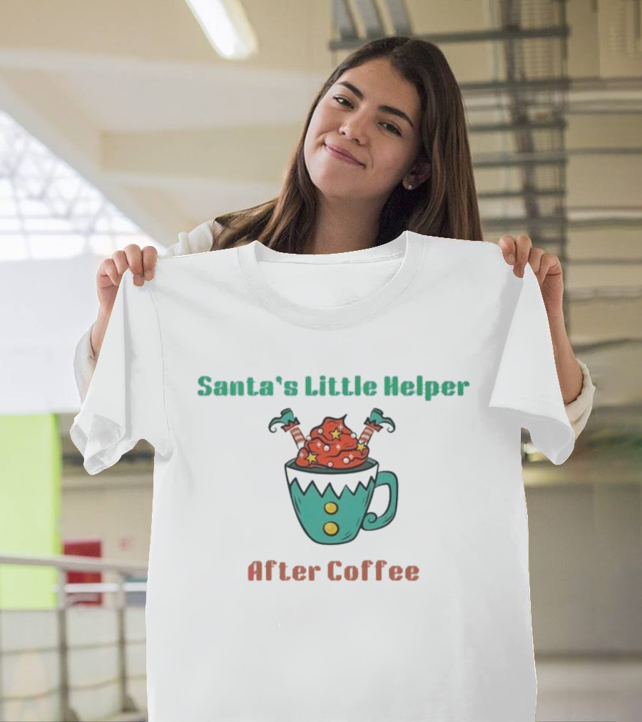 Santa's Little Helper After Coffee Christmas Mug With Candy Canes And Stars T-Shirt