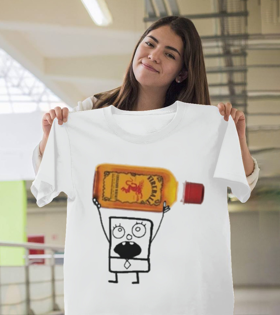 Doodlebob Fireball Whiskey Character Holding Iconic Liquor Bottle T-Shirt