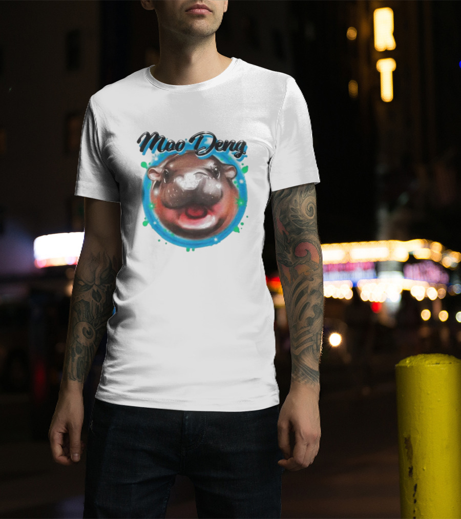 Moo Deng Cute Hippo Face With Blue Background T-Shirt