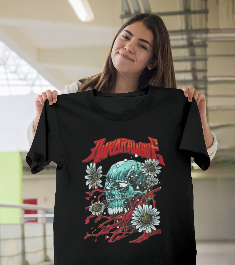 Aurora Wave Skull with Flowers and Red Vines T-Shirt