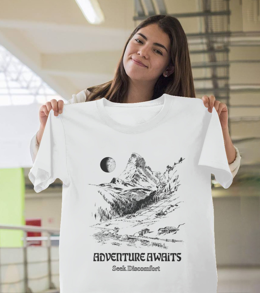 Adventure Awaits Seek Discomfort Mountain Landscape Moon T-Shirt