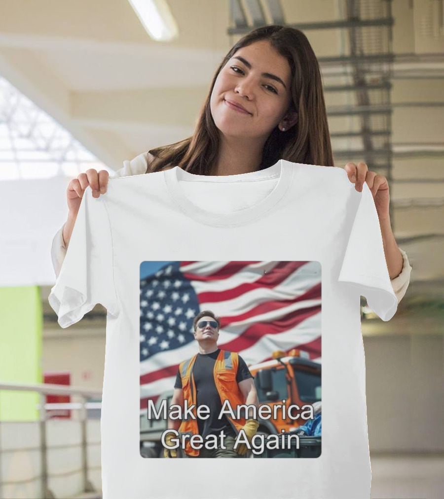 Make America Great Again Elon Musk in Orange Vest with American Flag Background T-Shirt