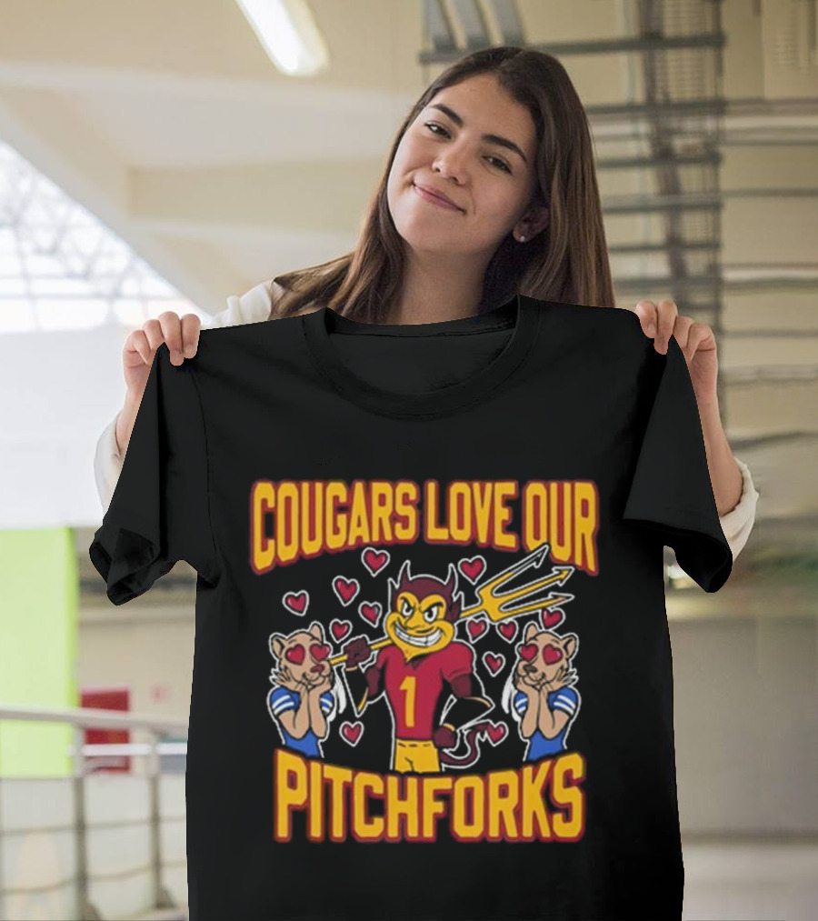 Cougars Love Our Pitchforks Number 1 Devil with Cougars Hearts T-Shirt
