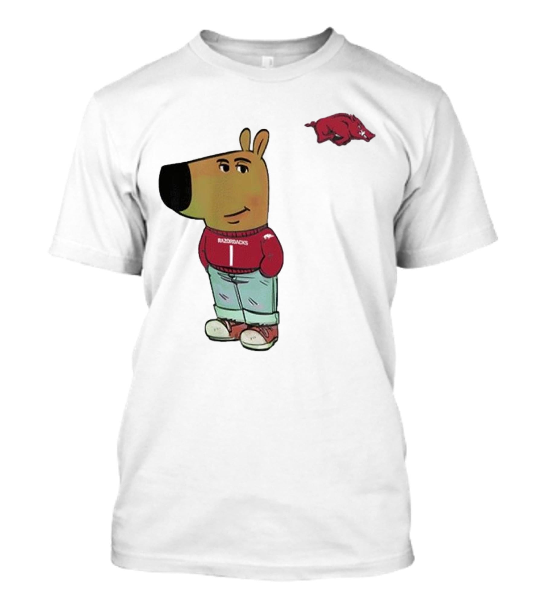 Arkansas Razorbacks Chill Guy Mascot With Cartoon Character In Red Sweater And Jeans T-Shirt