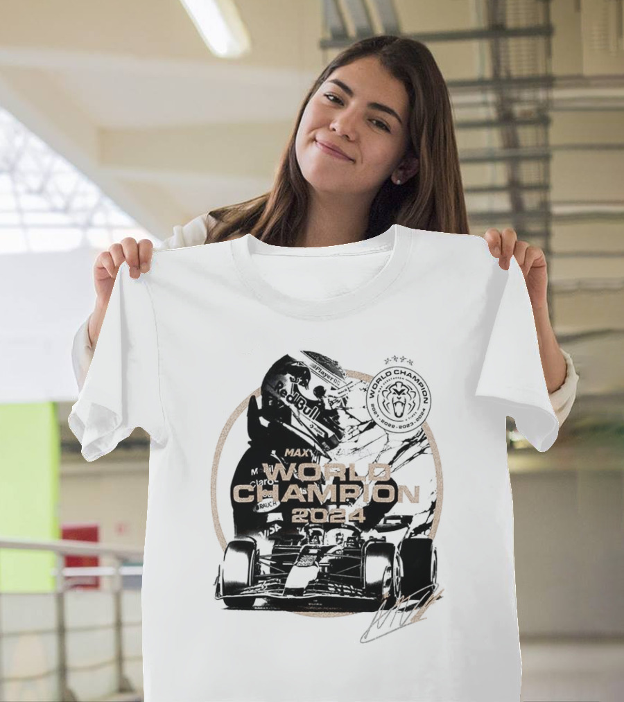 World Champion 2024 Max Verstappen Racing Car Helmet Design with Red Bull and Signature Elements T-Shirt