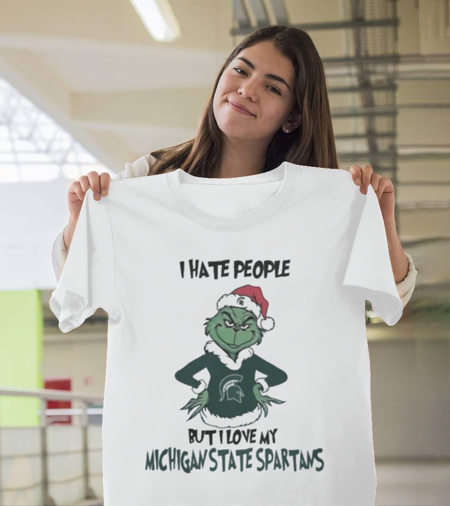 I Hate People But I Love My Michigan State Spartans Grinch Christmas Santa Hat T-Shirt