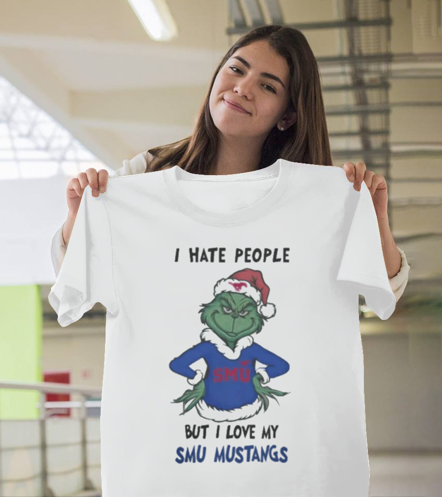 I Hate People But I Love My SMU Mustangs Grinch Santa Hat Christmas T-Shirt