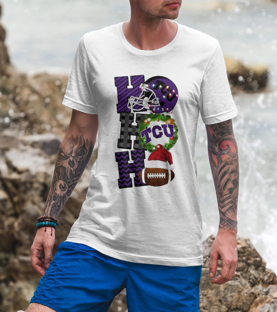 TCU Horned Frogs Football Christmas Ho Ho Ho Helmet And Wreath Game Day T-Shirt