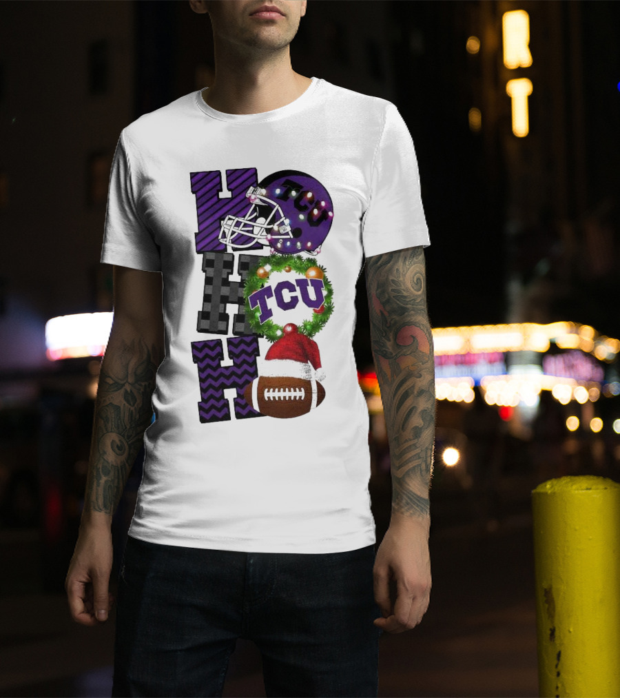 TCU Horned Frogs Football Christmas Ho Ho Ho Helmet And Wreath Game Day T-Shirt