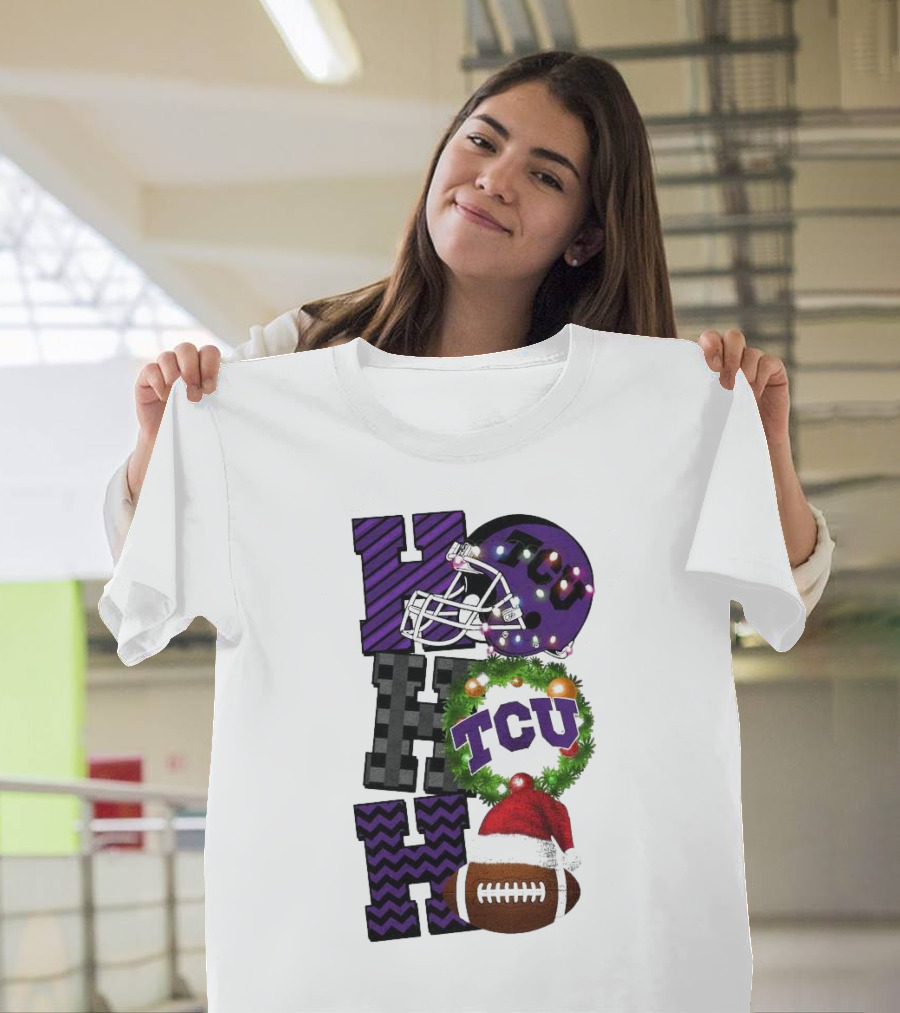 TCU Horned Frogs Football Christmas Ho Ho Ho Helmet And Wreath Game Day T-Shirt