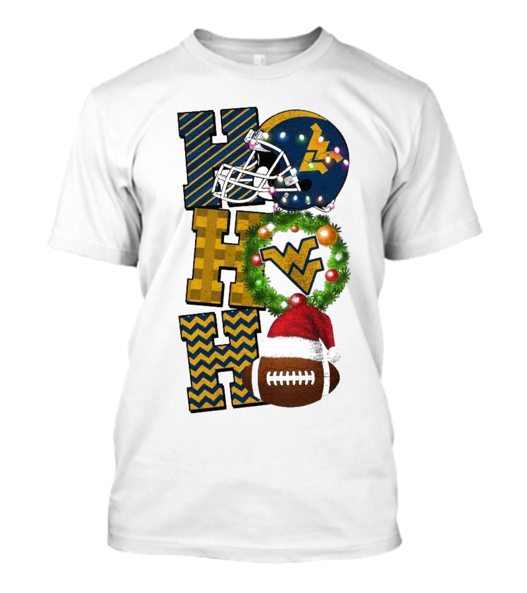 West Virginia Mountaineers Football Christmas Ho Ho Ho Helmet Wreath Santa Hat Game Day T-Shirt