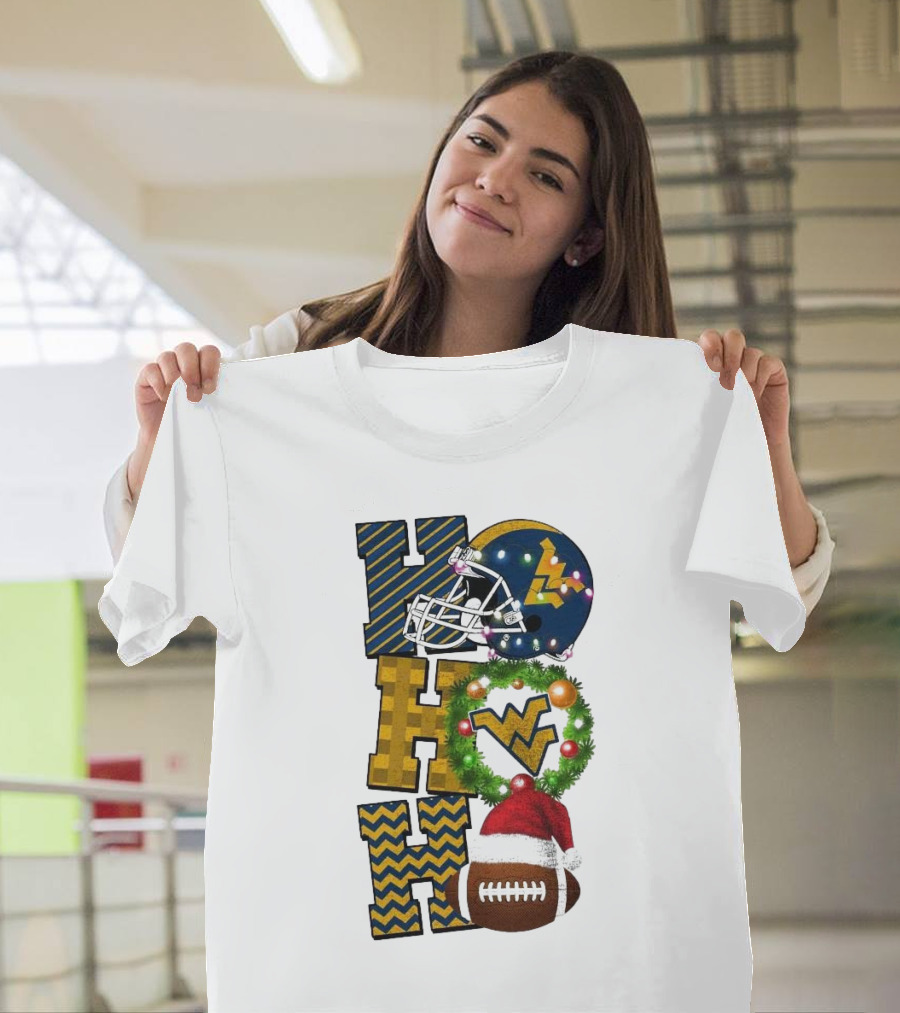 West Virginia Mountaineers Football Christmas Ho Ho Ho Helmet Wreath Santa Hat Game Day T-Shirt