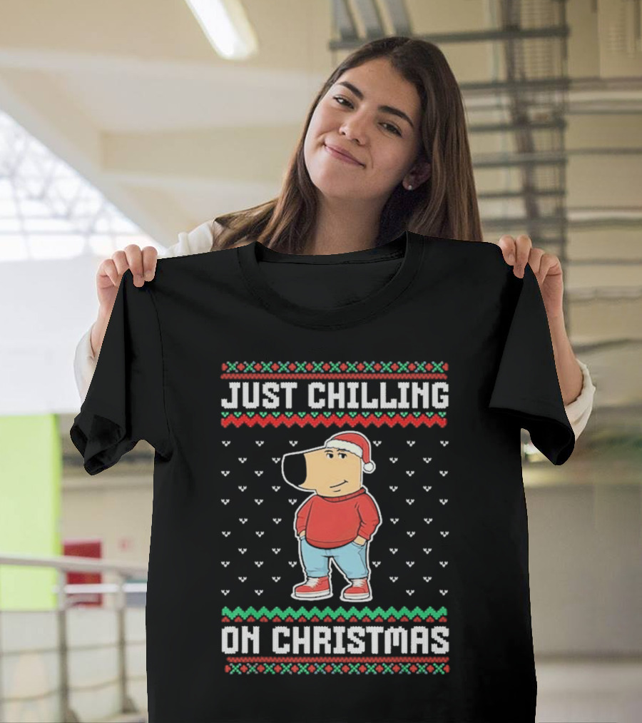Chill Guy Meme Just Chilling On Christmas Sweater Style Santa Hat Red Green T-Shirt