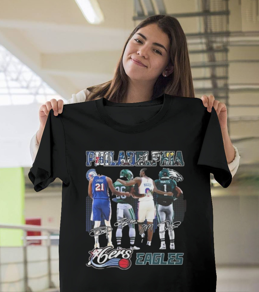 Philadelphia 76ers Joel Embiid And Philadelphia Eagles Sanders Hurts Collaborative Signature T-Shirt