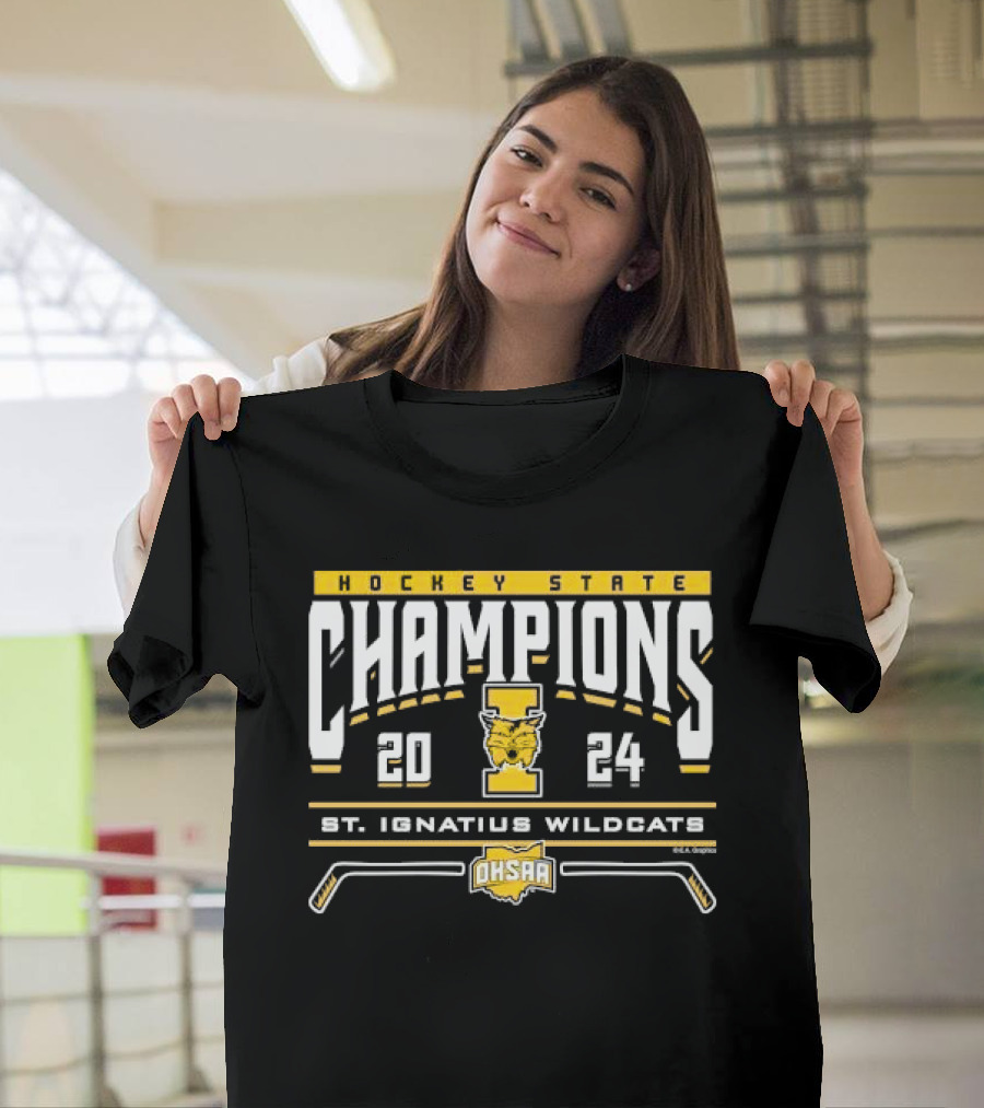 OHSAA Hockey State Champions 2024 St. Ignatius Wildcats Logo and Crossed Hockey Sticks T-Shirt