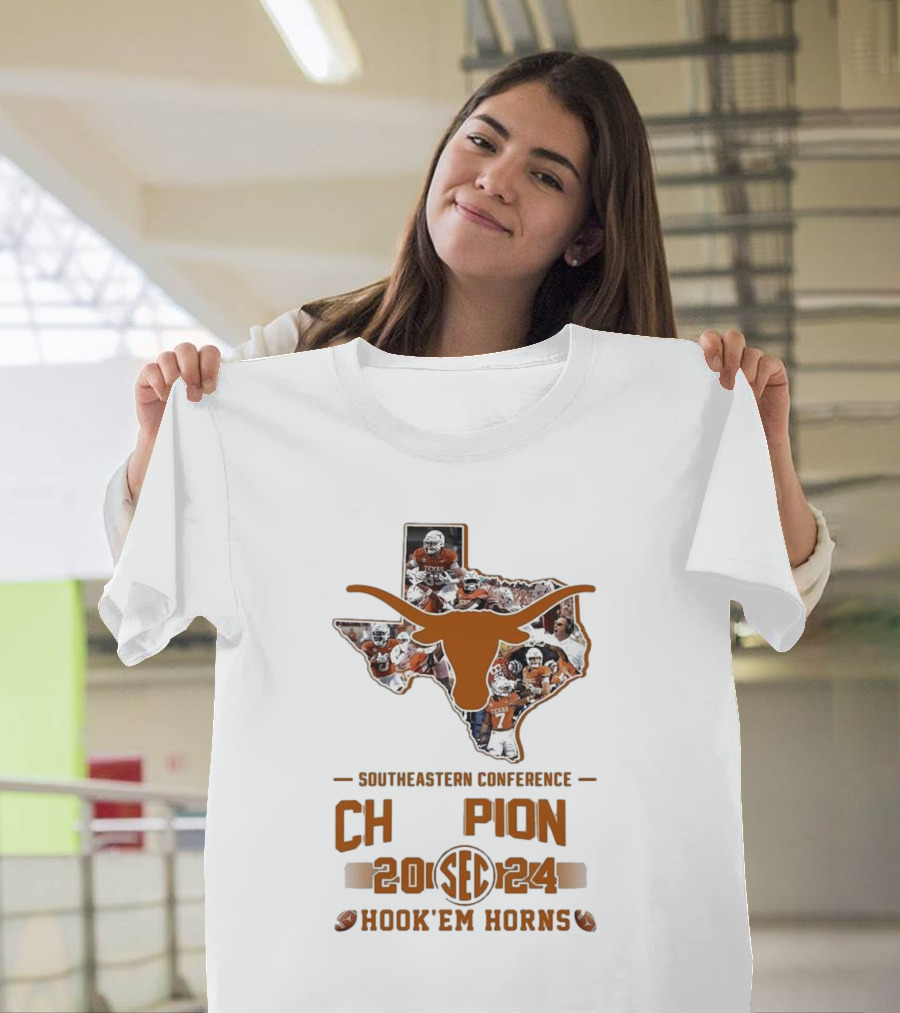 Texas Longhorns SEC Champion 2024 Hook ‘Em Horns State Map T-Shirt