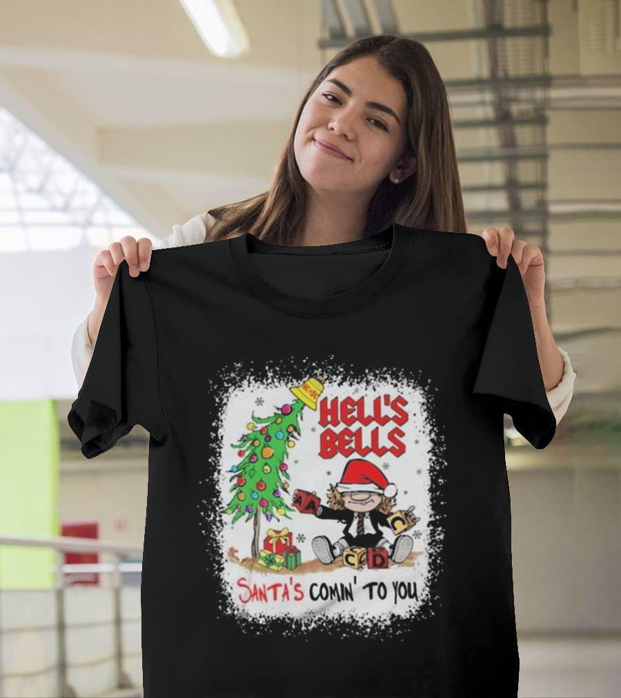 Hell’s Bells Santa’s Comin' To You Christmas Tree Presents ACDC Santa Hat T-Shirt