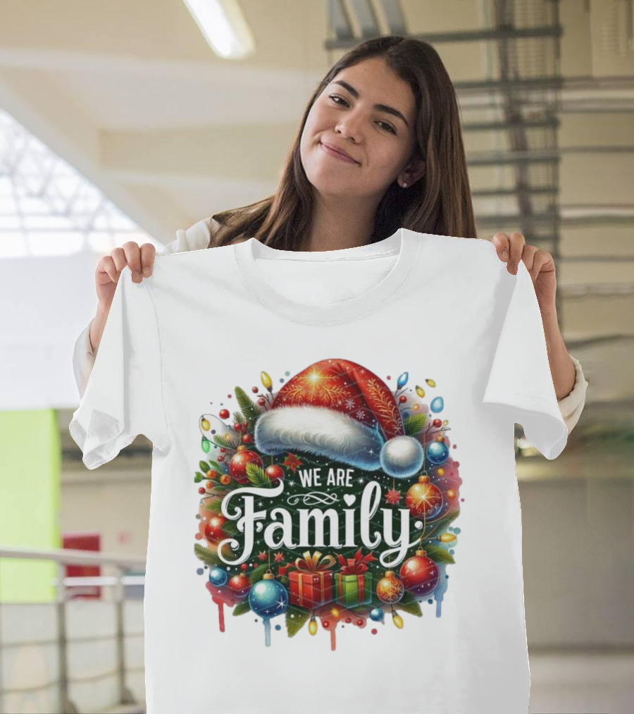 We Are Family Christmas 2024 Santa Hat Ornaments Presents Festive Crew T-Shirt
