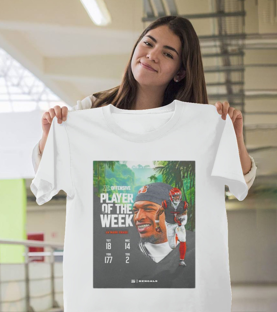 Ja’Marr Chase Cincinnati Bengals AFC Offensive Player of the Week TGT 18 REC 14 YDS 177 TDS 2 Bengals T-Shirt