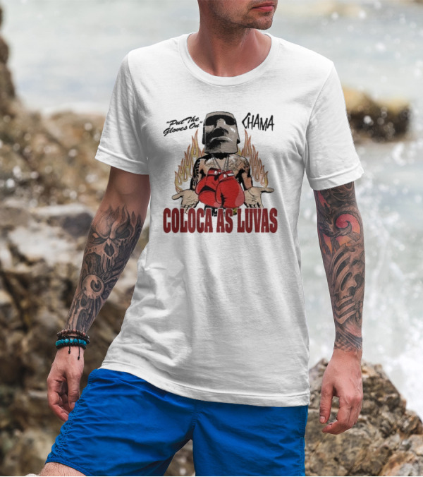 Put The Gloves On Chama 2024 Coloca As Luvas Flame Background Boxing Gloves Iconic Mask T-Shirt