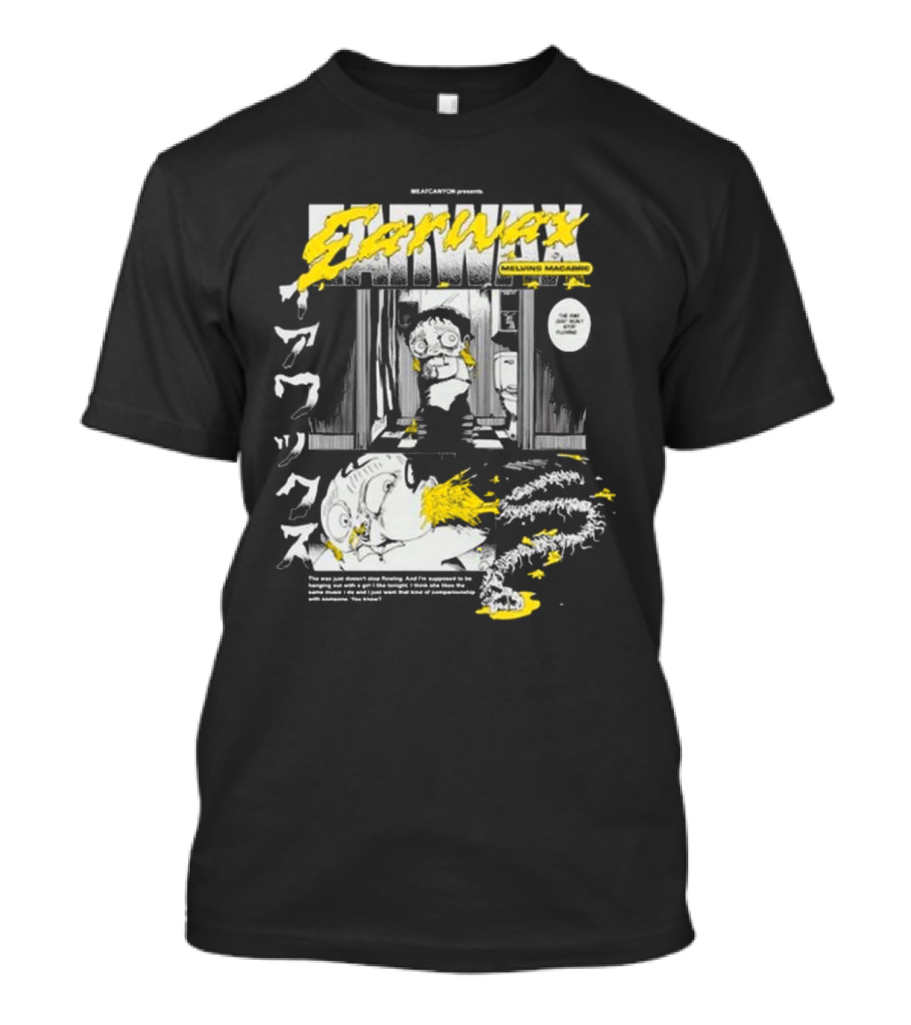 MEATCANYON Presents Earwax Melvin's Macabre Manga Comic Creepy Yellow Text Character Panels T-Shirt