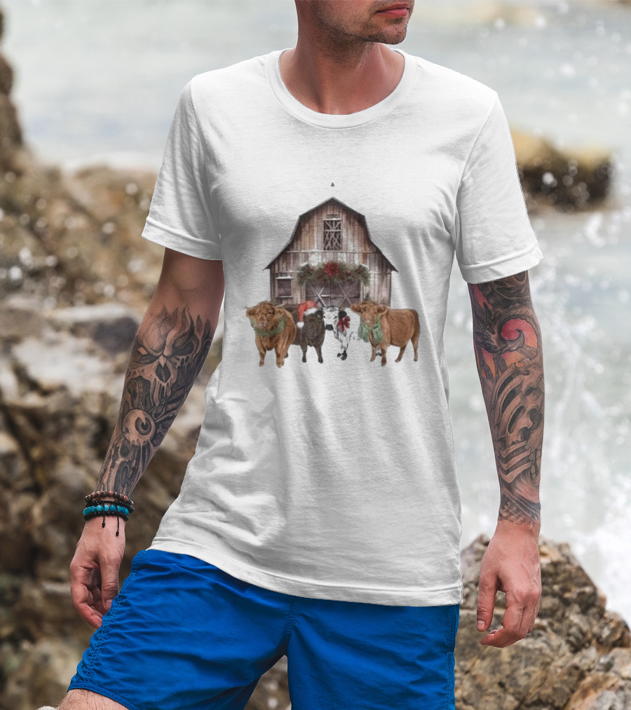 Katie Van Slyke Christmas Cows Barn Holiday Scene By Katie Van Slyke T-Shirt