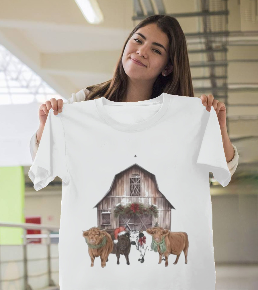 Katie Van Slyke Christmas Cows Barn Holiday Scene by Katie Van Slyke T-Shirt