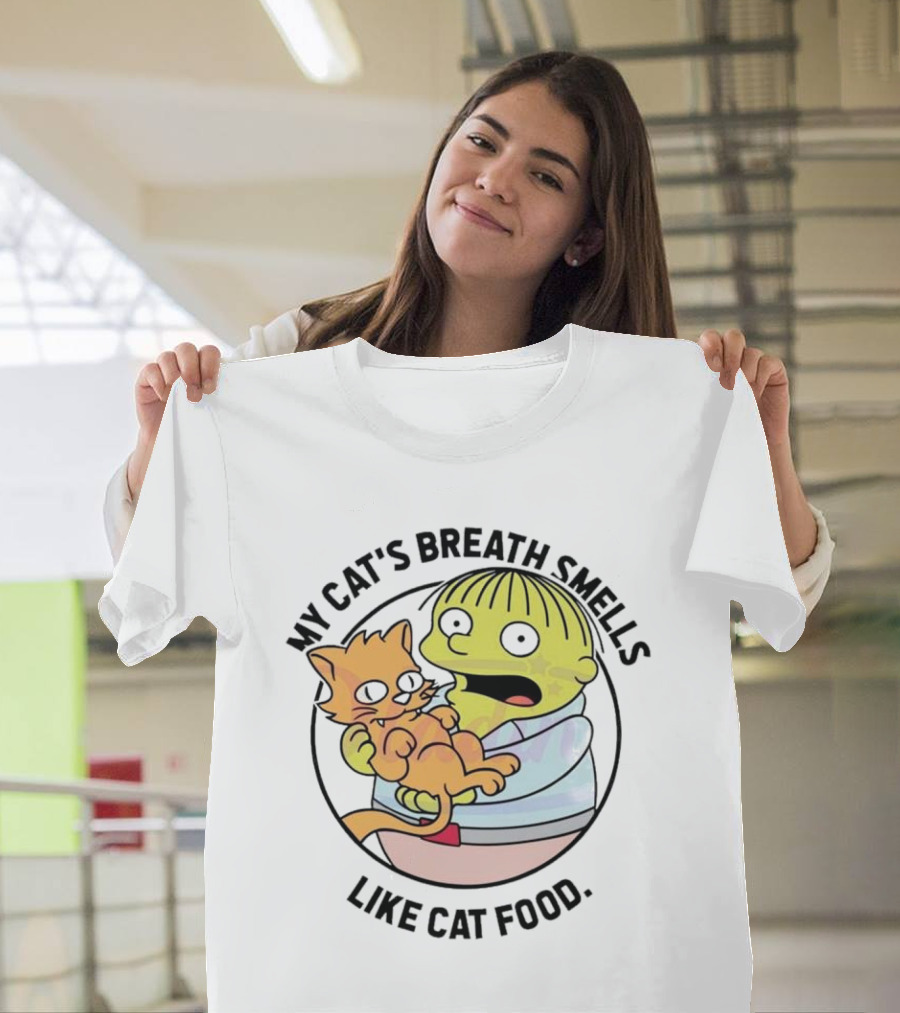 Ralph Wiggum My Cat's Breath Smells Like Cat Food Holding Cat T-Shirt