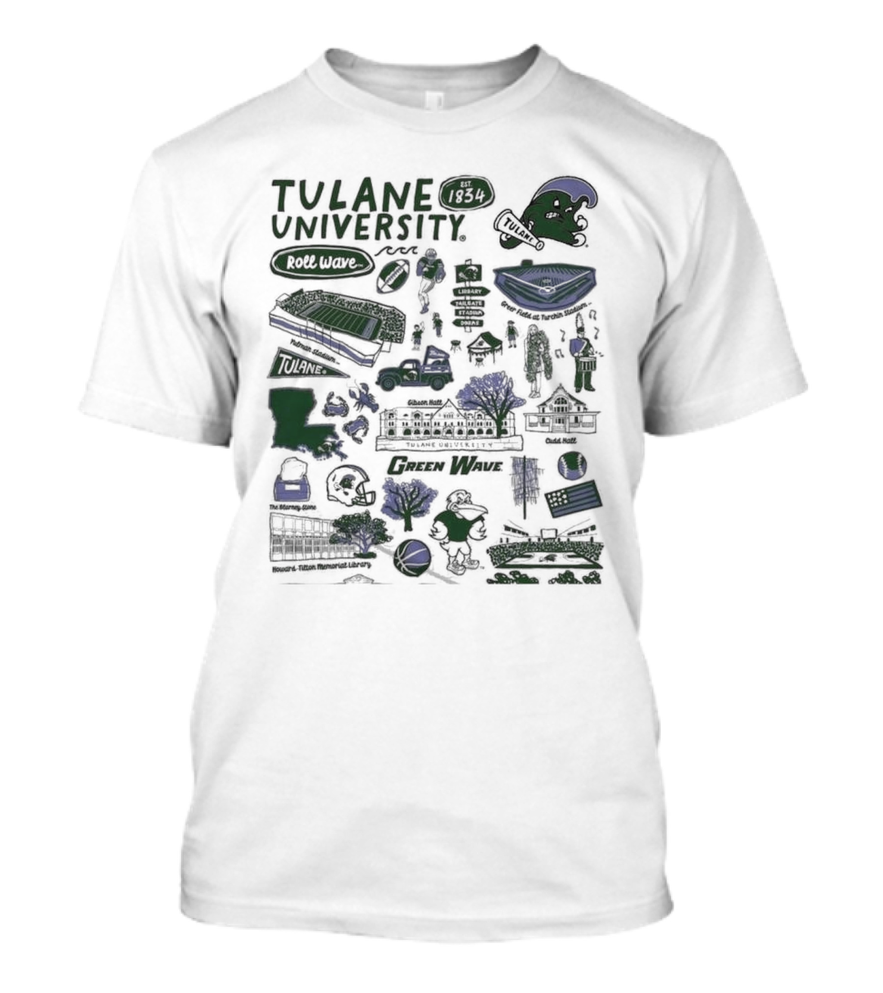 Tulane University Green Wave Roll Wave New Orleans Landmarks Est 1834 Tulane Stadium Riptide Mascot Iconography T-Shirt