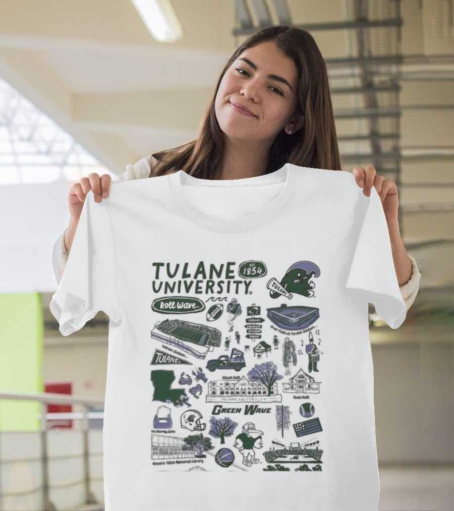 Tulane University Green Wave Roll Wave New Orleans Landmarks Est 1834 Tulane Stadium Riptide Mascot Iconography T-Shirt