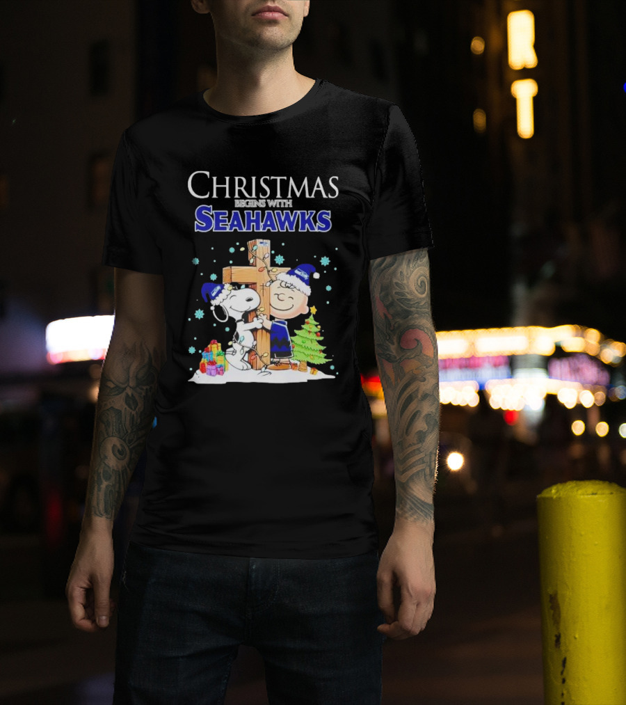 Christmas Begins With Seahawks Charlie Brown Snoopy Jesus Cross T-Shirt