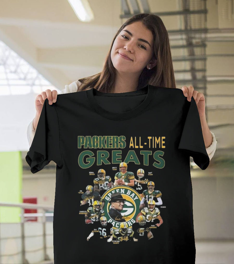 Packers All-Time Greats Green Bay Legends Signatures Brett Favre Bart Starr T-Shirt