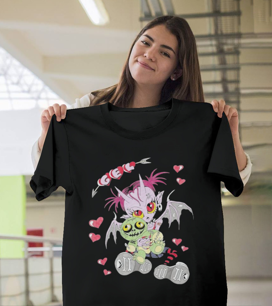 Gelhardcore Turbo Bat Creature Holding Plush Surrounded By Hearts T-Shirt