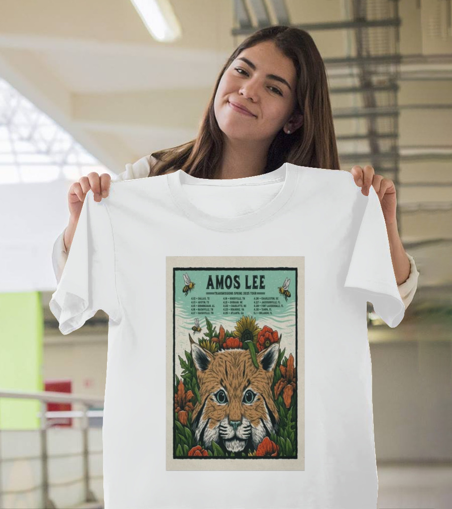 Amos Lee The Transmissions Spring Tour 2025 Bobcat and Flowers Design with Tour Dates T-Shirt