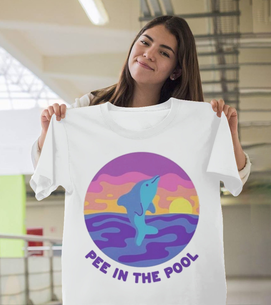 Pee In The Pool Dolphin Retro Sunset Ocean Scene T-Shirt