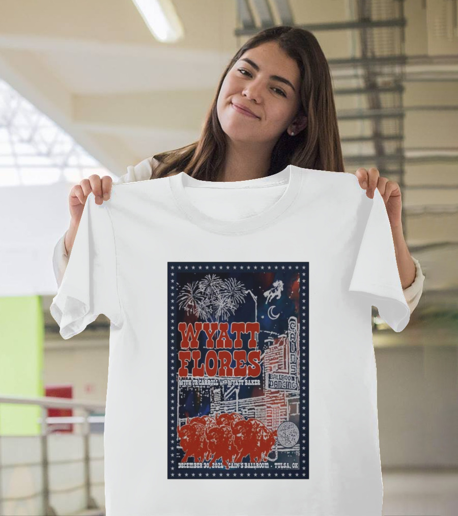 Wyatt Flores with Dr. Carroll and Wyatt Baker at Cain's Ballroom in Tulsa OK on December 30 2024 Featuring Iconic Imagery and Fireworks in T-Shirt