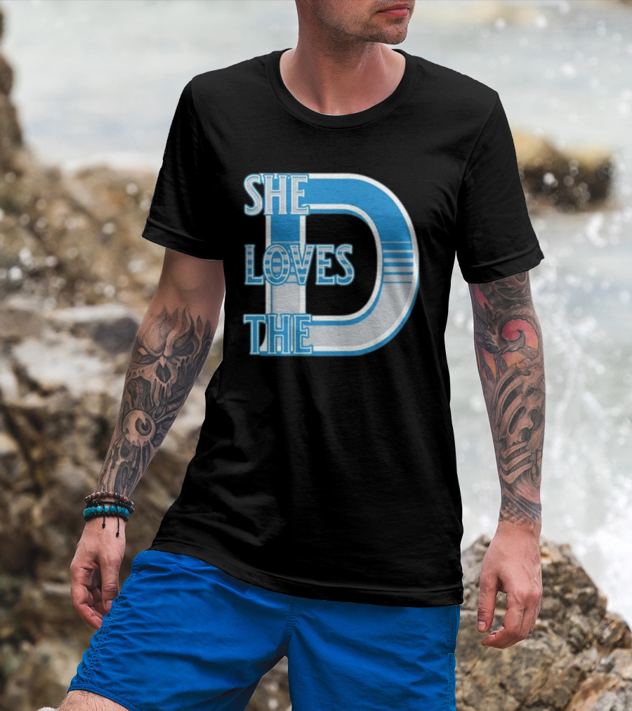 She Loves The D Detroit Blue Striped Lettering T-Shirt