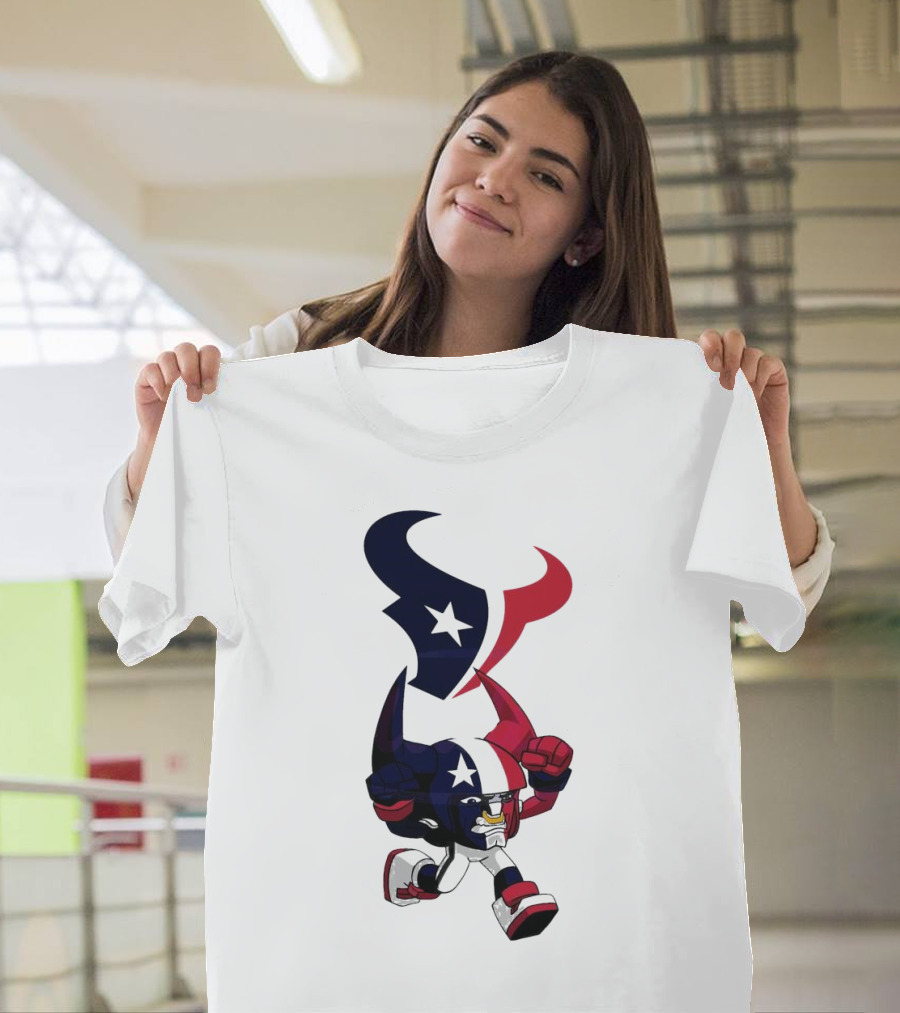 FL Rush Zone Houston Texans Cartoon Character 2025 Running Bull with Team Logo Star Helmet T-Shirt