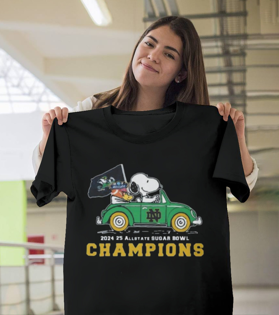 Snoopy Driving Notre Dame Fighting Irish Car Allstate Sugar Bowl Champions 2024 2025 T-Shirt