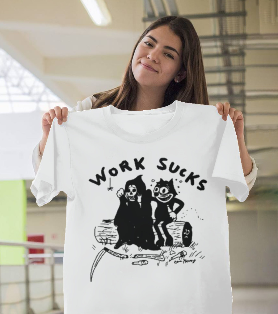 Heavyslime Work Sucks Grim Reaper And Cat Cartoon Comic Art By Eric Kenney T-Shirt