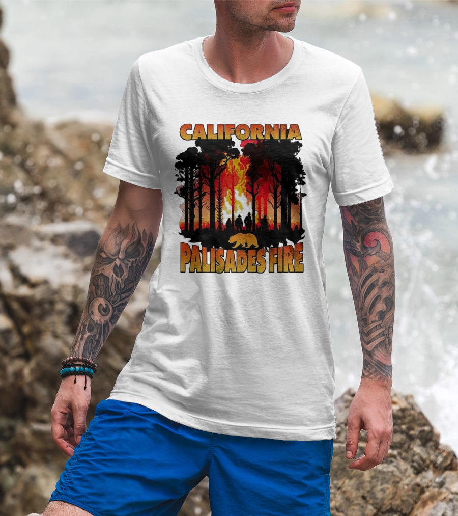 California Palisades Fire 2025 Forest Silhouette And Flames With Bear T-Shirt