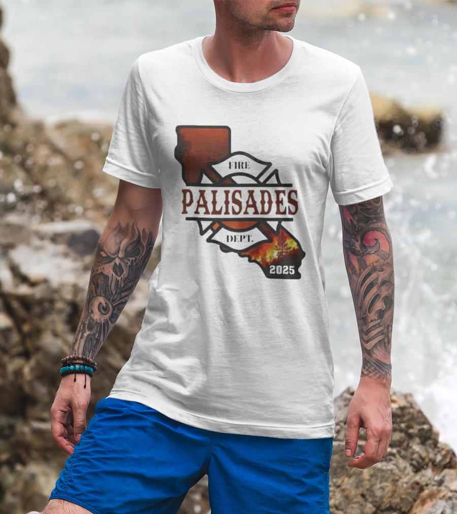 California Republic Palisades Fire Dept 2025 Badge With State And Flames T-Shirt