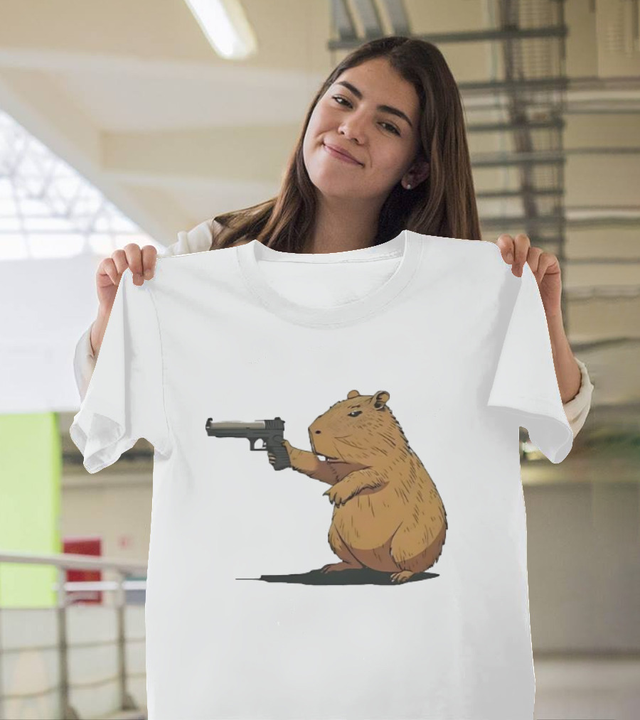 Capybara Holding a Gun in a Humorous Pose T-Shirt