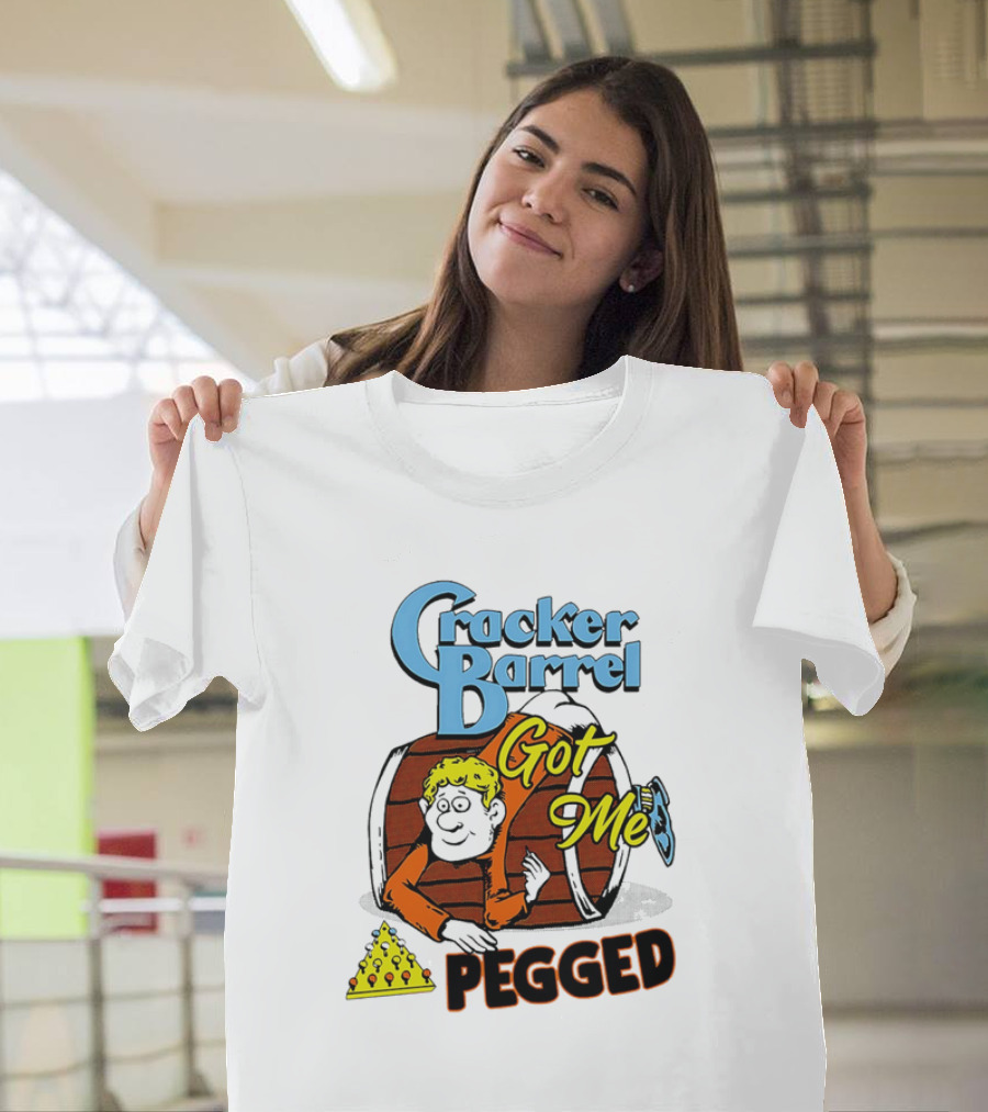 Cracker Barrel Got Me Pegged Cartoon Retro Style with Character and Cheese Icons T-Shirt