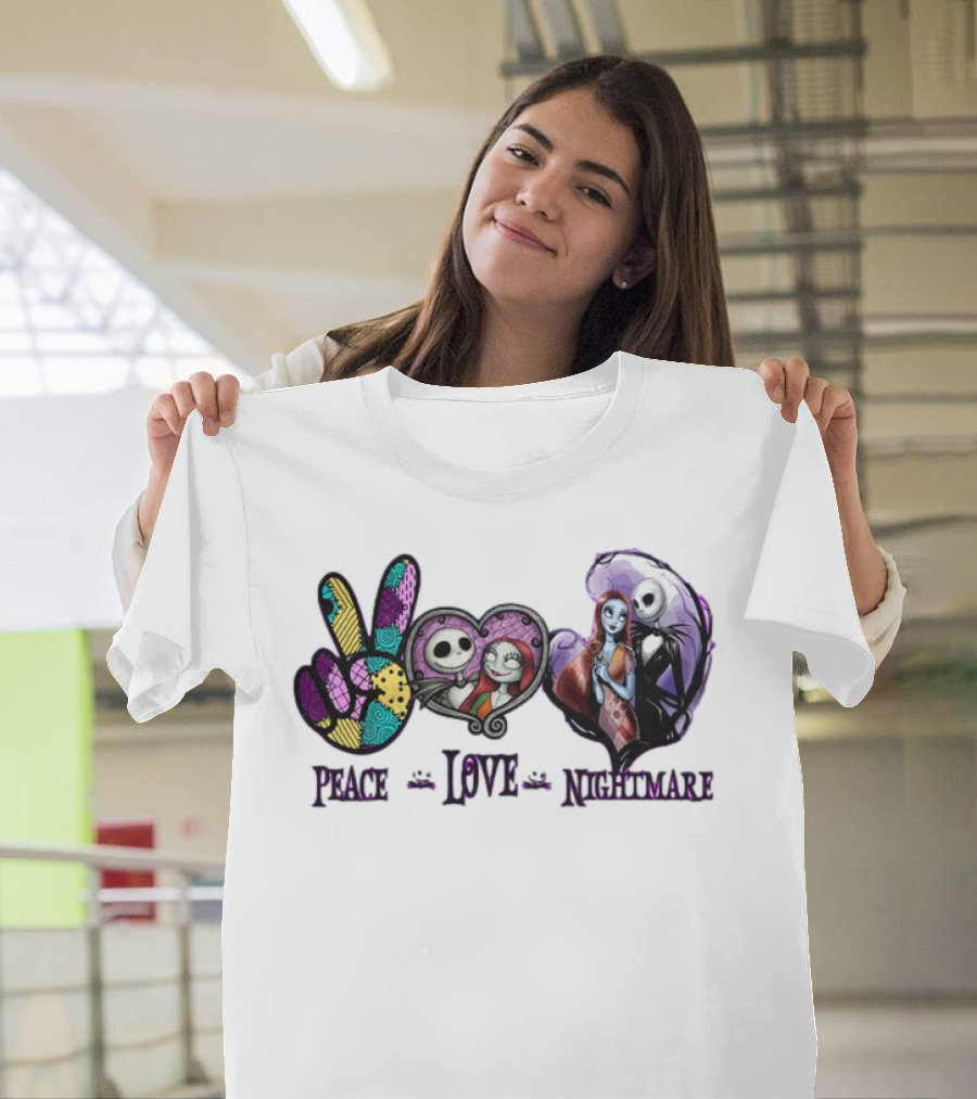 Peace Love Nightmare Before Christmas Characters Jack and Sally T-Shirt